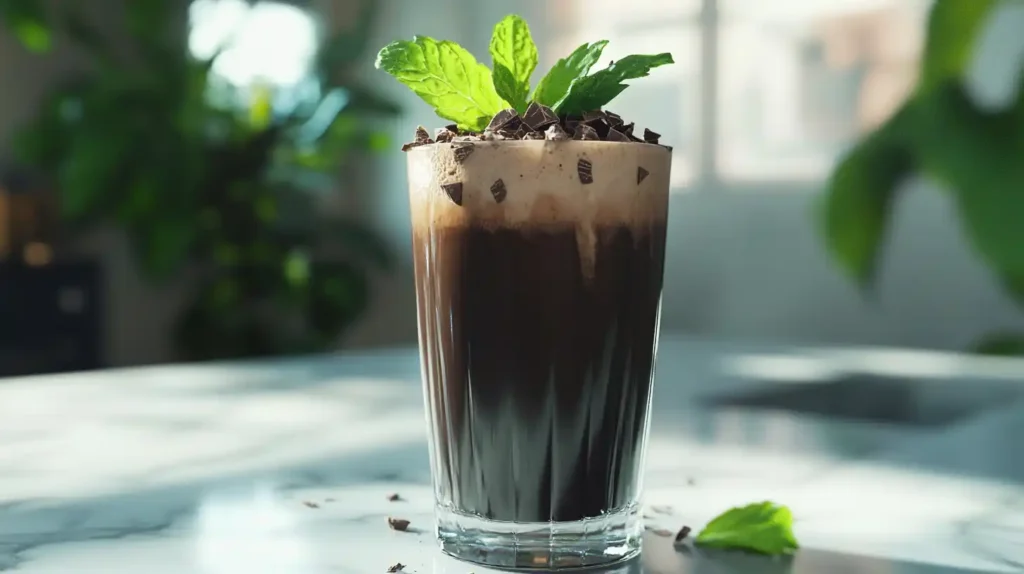 Chocolate mint protein shake with fresh mint leaves.