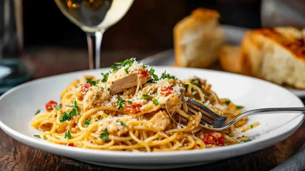 A plate of creamy Chicken Tetrazzini with parsley garnish