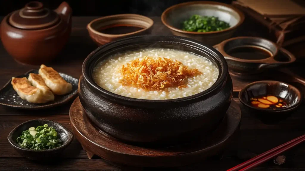 A beautifully served bowl of sizzling rice soup with side dishes.