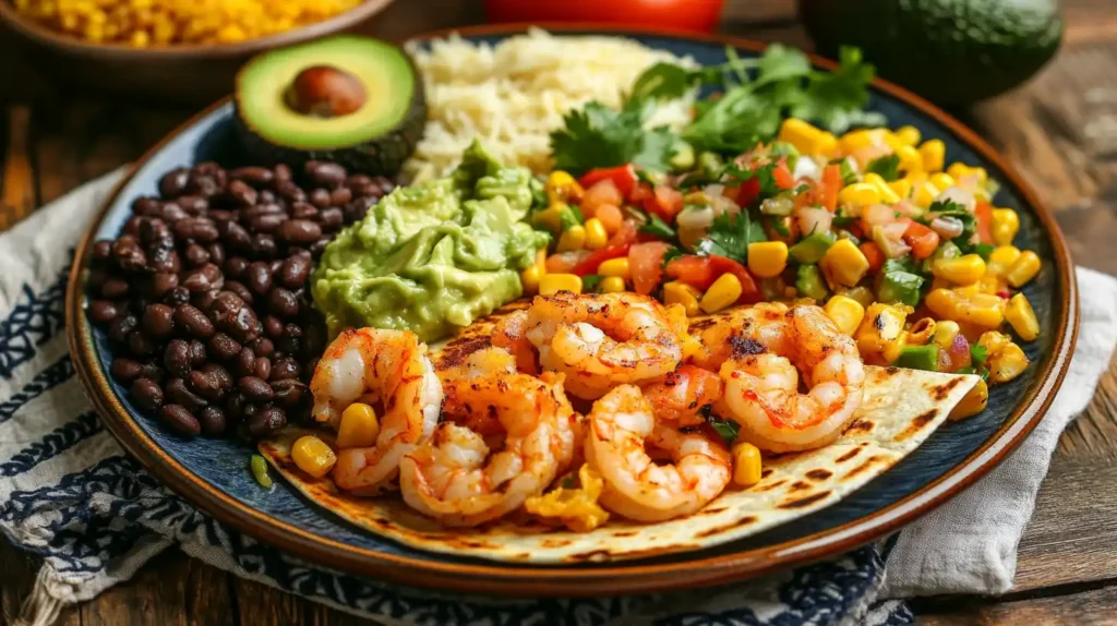 Shrimp quesadilla with Mexican rice, beans, and avocado salad