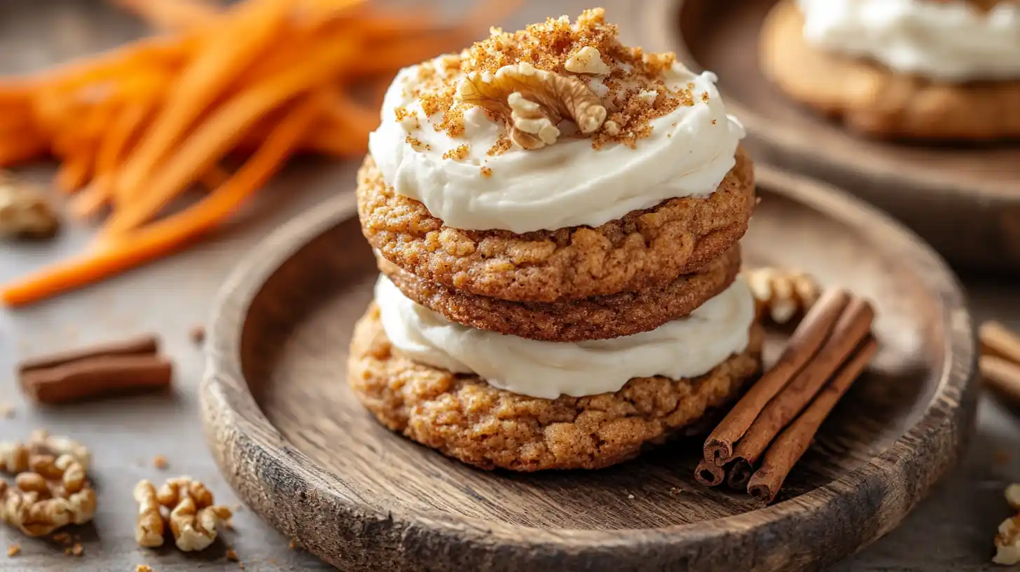 Freshly baked carrot cake cookies with cream cheese frosting