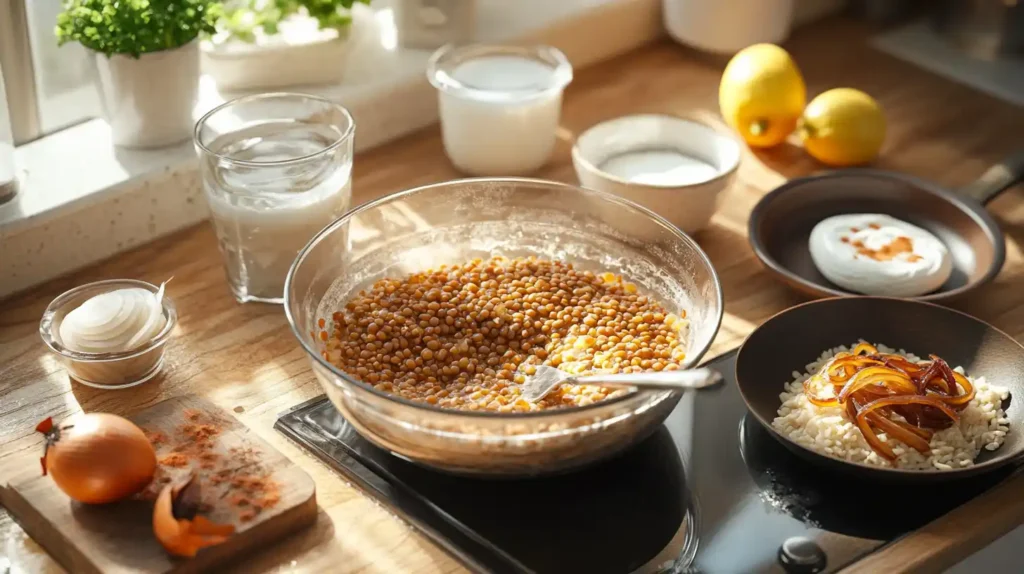 A series of images showcasing each stage of making Mujadara, from soaking lentils to caramelizing onions and cooking the dish in one pot.