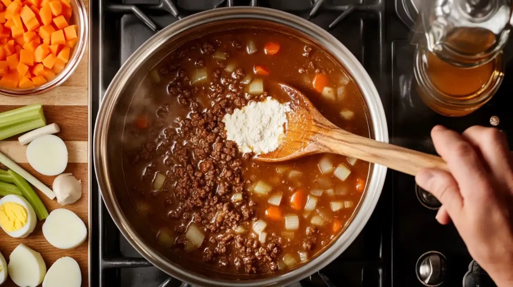 A sequence of images illustrating each step of making mock turtle soup, from sautéing vegetables to adding broth and finishing with hard-boiled eggs.