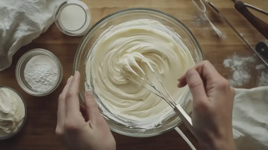 Mixing sugar cookie icing ingredients in a glass bowl.