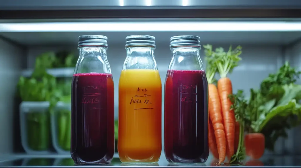 Stored beet and carrot juice in glass bottles