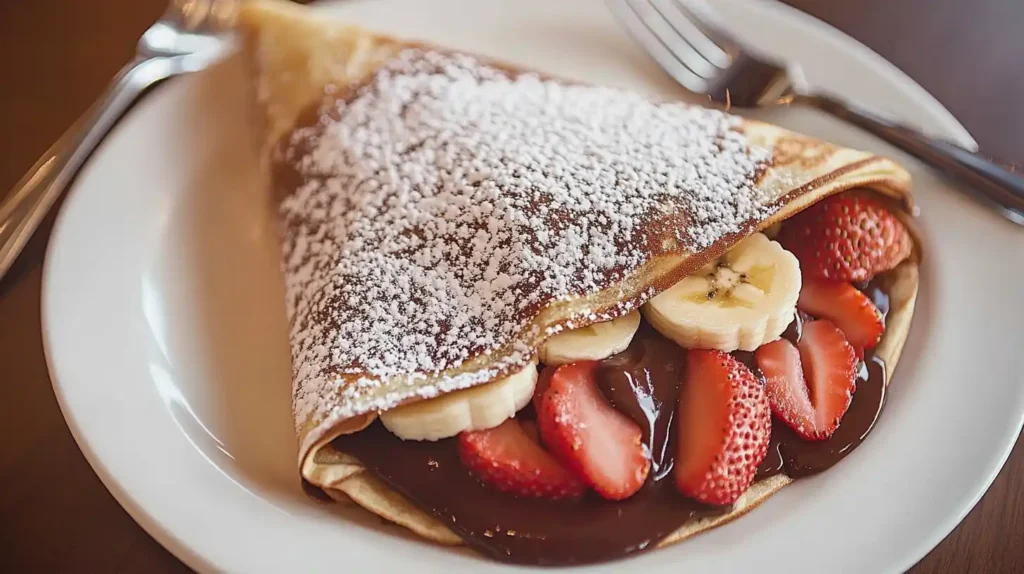 Nutella and banana-filled sweet crepe on a plate