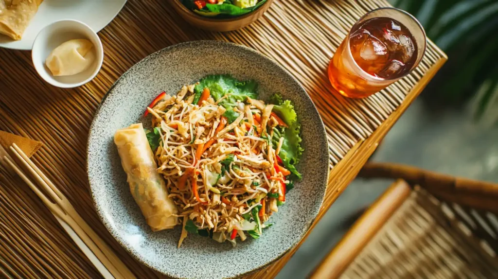 Thai noodle salad served with spring rolls and Thai iced tea