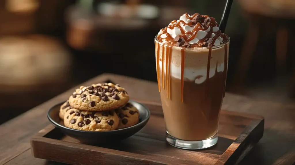 Caramel frappuccino served with cookies on a cozy coffee tray.