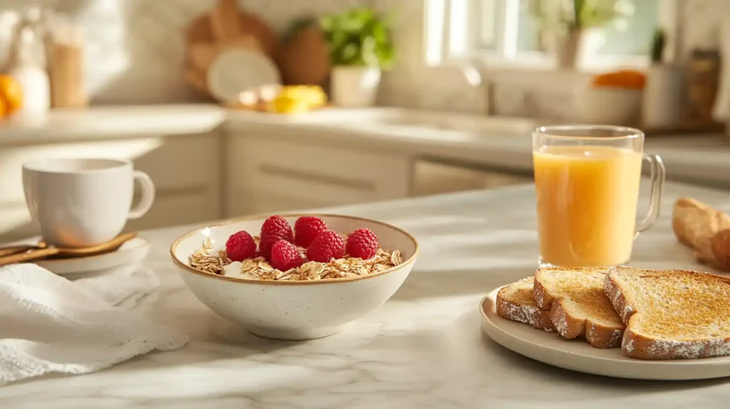 A breakfast spread with muesli, toast, juice, and coffee.