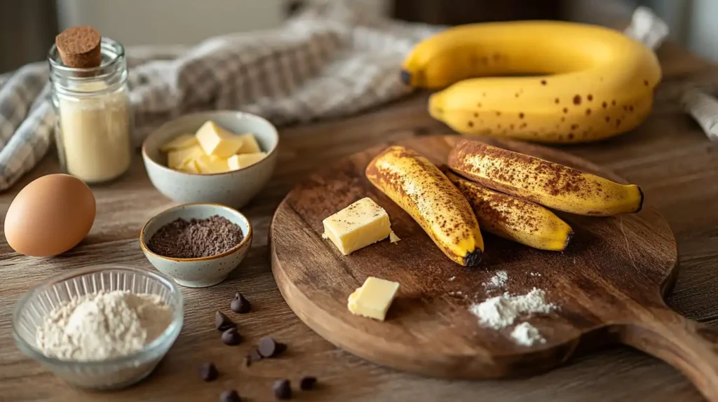 Ingredients for banana bread cookies arranged on a wooden countertop.