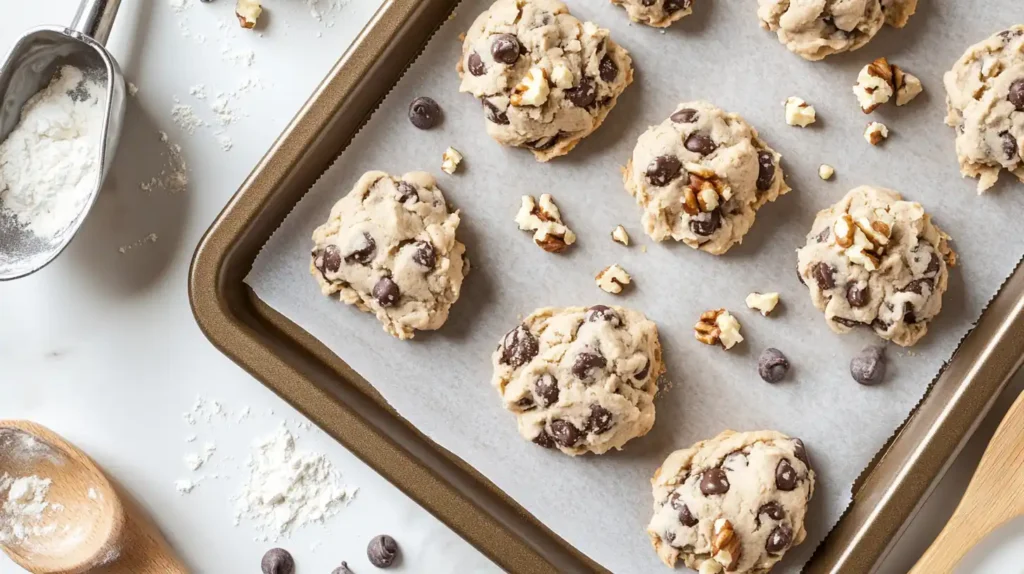 Banana bread cookie dough scooped onto a baking sheet.