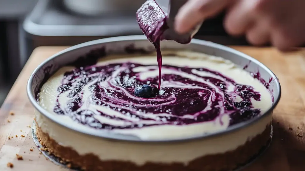 Cheesecake batter being poured over a graham cracker crust