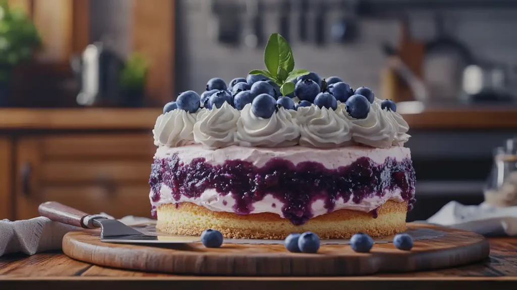 Lemon Blueberry Cheesecake with Blueberry Compote and Whipped Cream