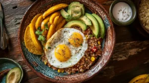 Gallo Pinto with eggs, plantains, and avocado