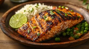 Jerk salmon fillet with rice and peas