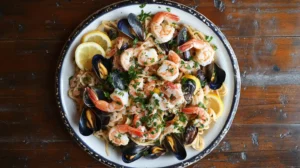 Seafood pasta with shrimp, mussels, and clams